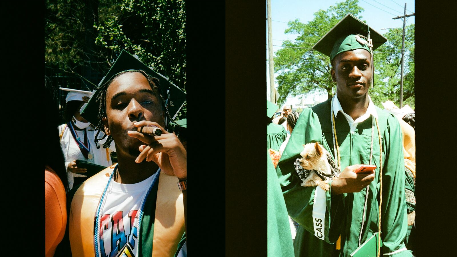 (Left) A young man in green graduation regalia takes a puff of a cigar. (Right) A young man in green graduation regalia holds his recently received diploma in one hand and a small Yorkshire terrier in the other.