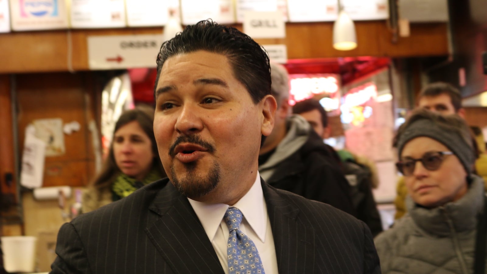 With schools closed for spring break, Richard Carranza joined Mayor Bill de Blasio and First Lady Chirlane McCray for lunch at Katz's Deli on his first day as chancellor.