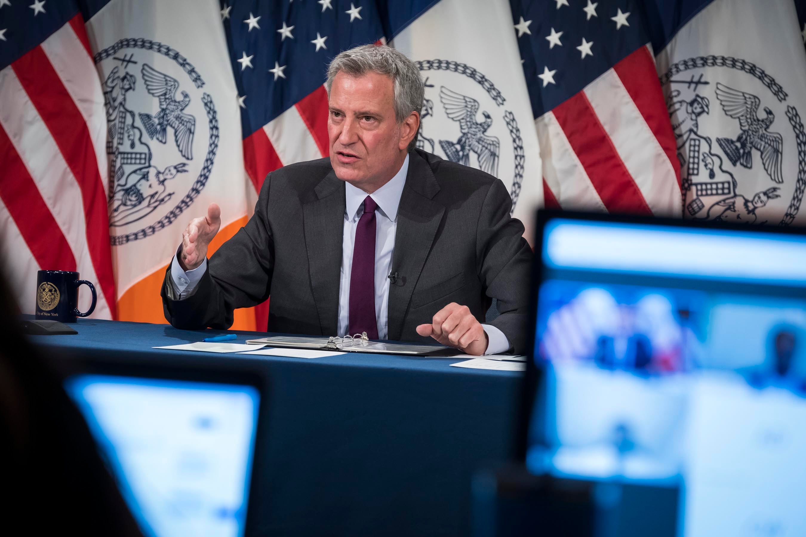 Mayor Bill de Blasio holds a media availability at City Hall, June 29, 2020.