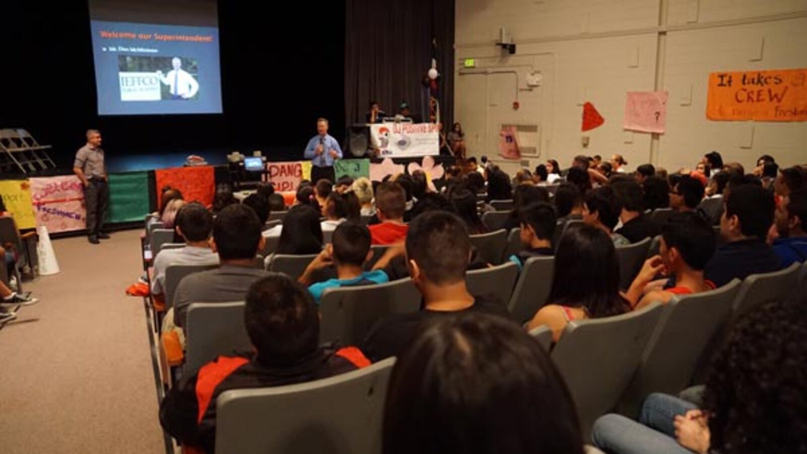 Jeffco Superintendent Dan McMinimee speaks to students at Jefferson High School on the first day of school.