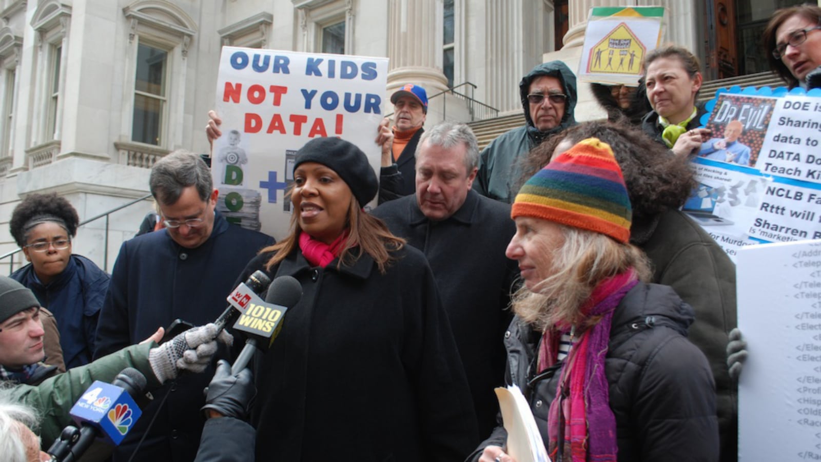 Public Advocate Letitia James (center) and parent advocate Leonie Haimson (right), seen here in 2013, joined a lawsuit to make school leadership team meetings open to the public.