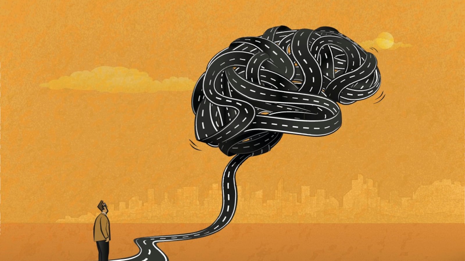 Drawing of a man with a twisted road ahead of him.