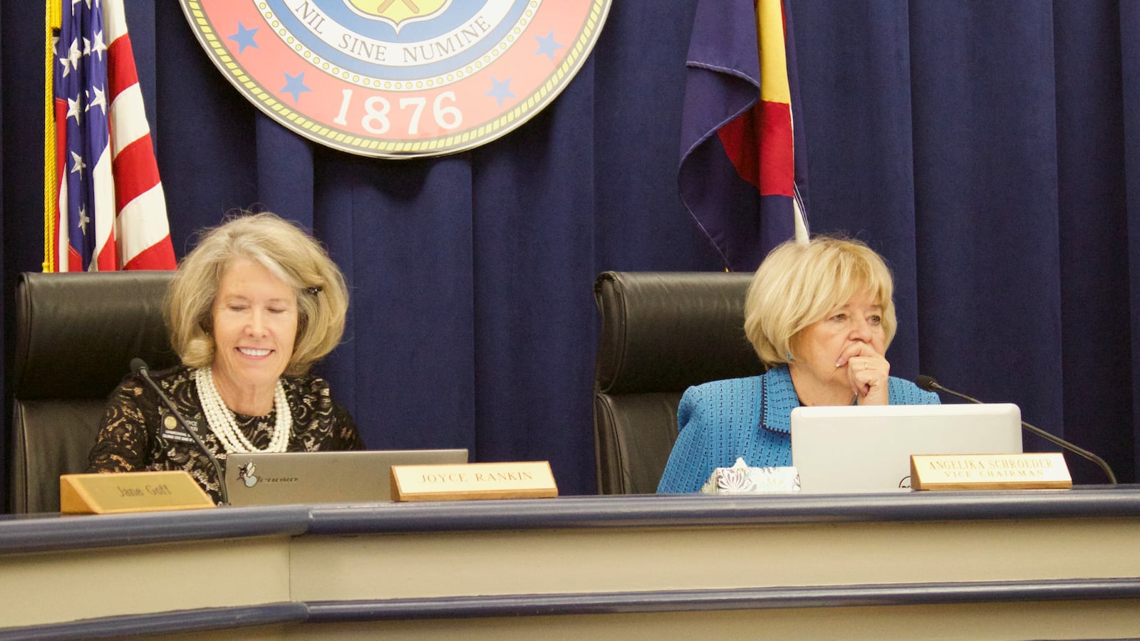 Angelika Schroeder, right, a Democrat from Boulder, was selected as chair of the State Board of Education on Wednesday. Joyce Rankin, a Carbondale Republican, was selected as vice chair.