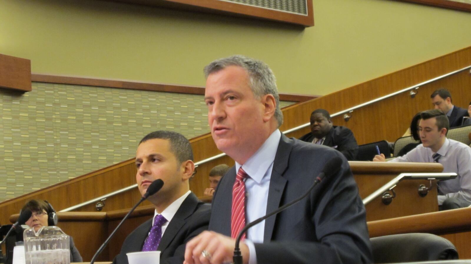 De Blasio testifying in  Albany in support of renewing mayoral control in February.