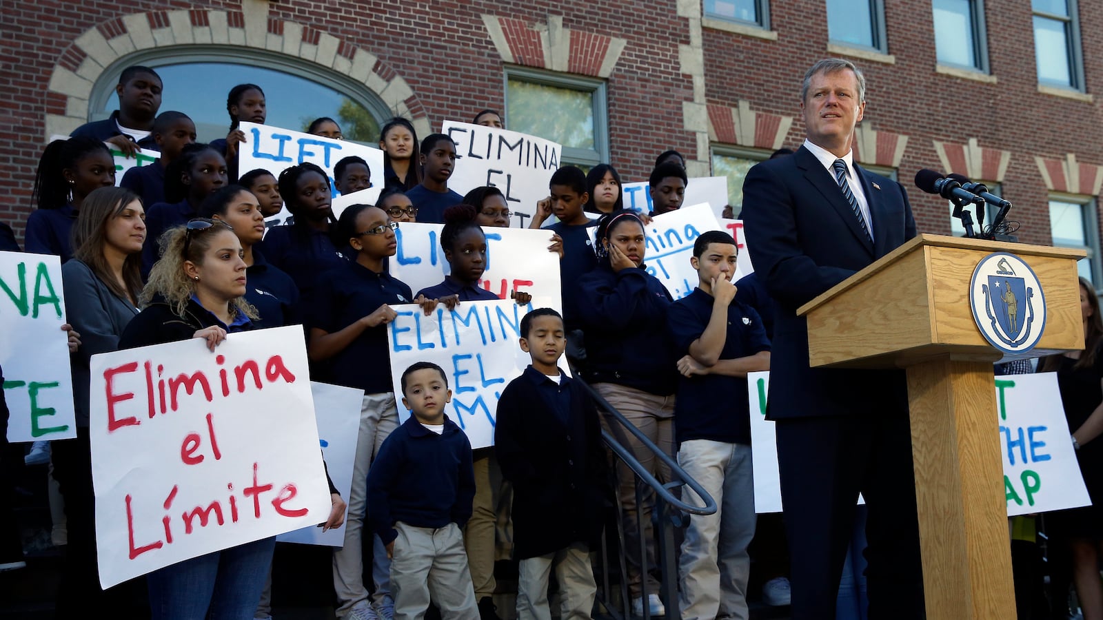 Governor Charlie Baker speaks during an announcement regarding Charter Schools at Brooke Charter School in Boston, Mass. on October 8, 2015.  (Photo by Jessica Rinaldi/The Boston Globe via Getty Images)