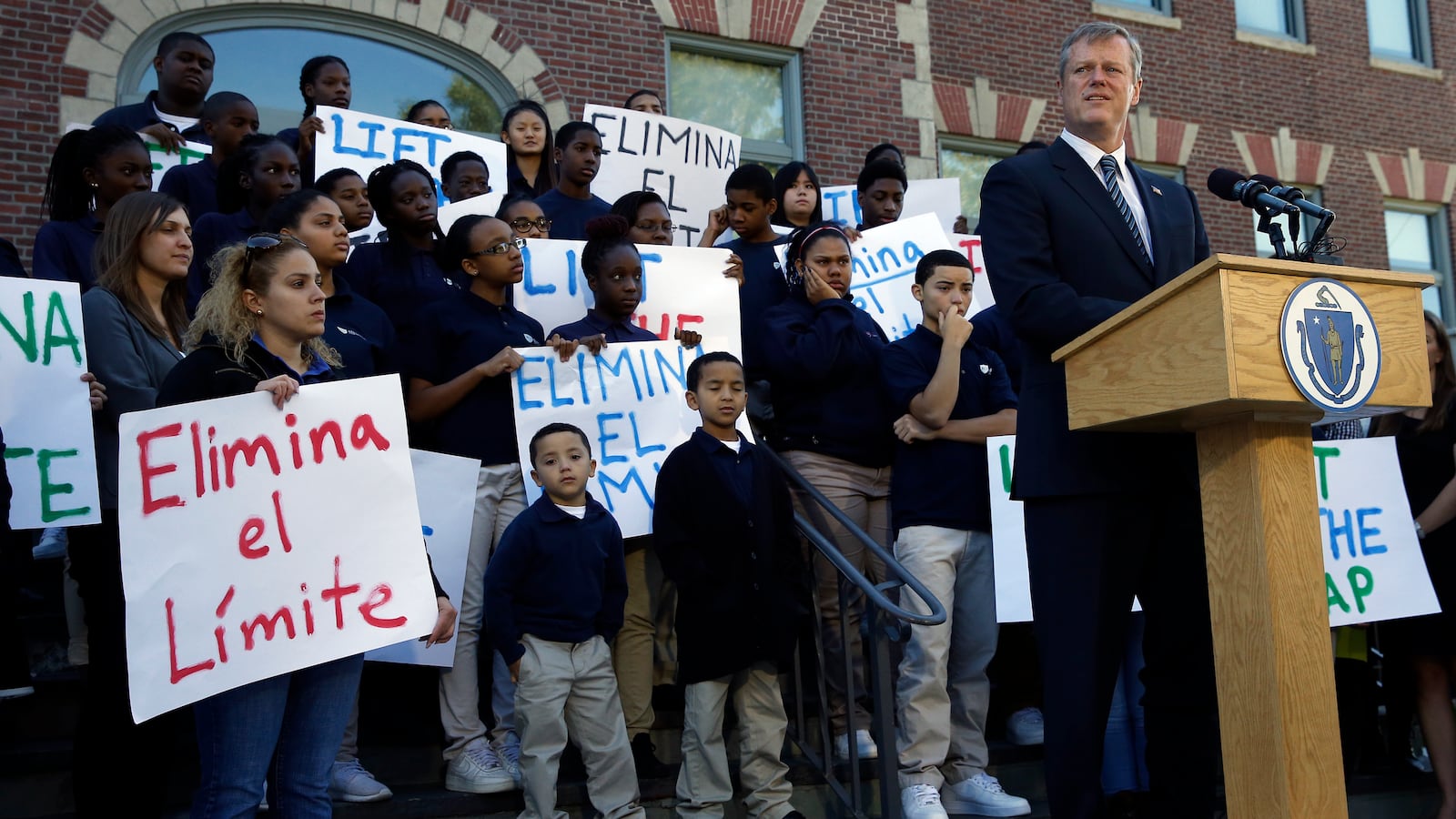 Governor Charlie Baker speaks during an announcement regarding Charter Schools at Brooke Charter School in Boston, Mass. on October 8, 2015.  (Photo by Jessica Rinaldi/The Boston Globe via Getty Images)