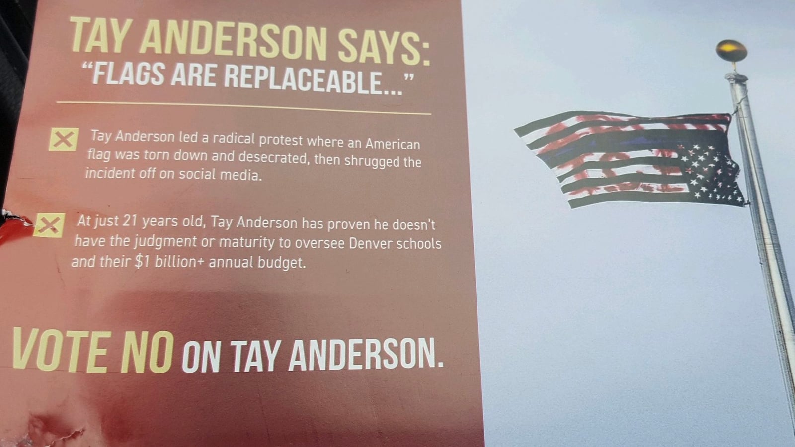 A mailer sent by Ready Colorado Action Fund opposing Denver school board candidate Tay Anderson.