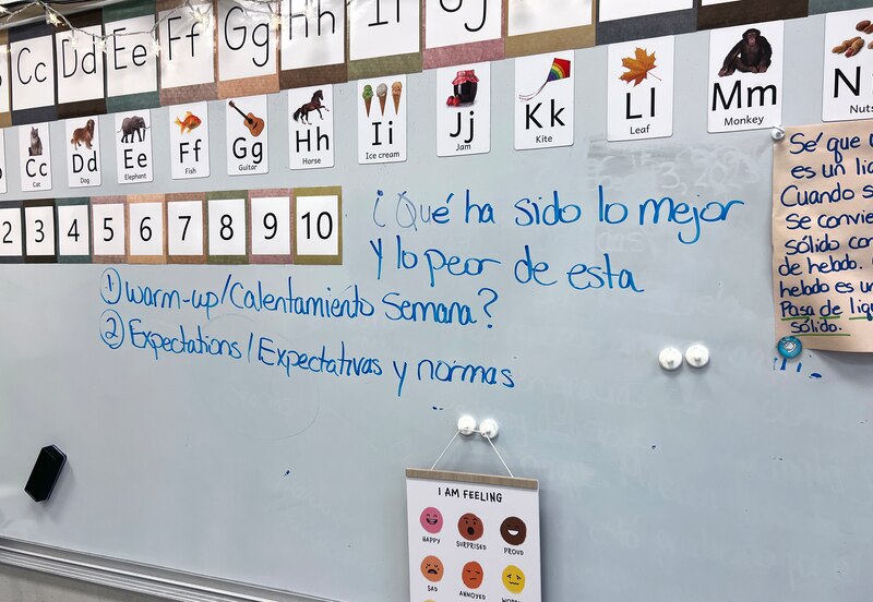 A whiteboard with Spanish and English words, letters and phrases.