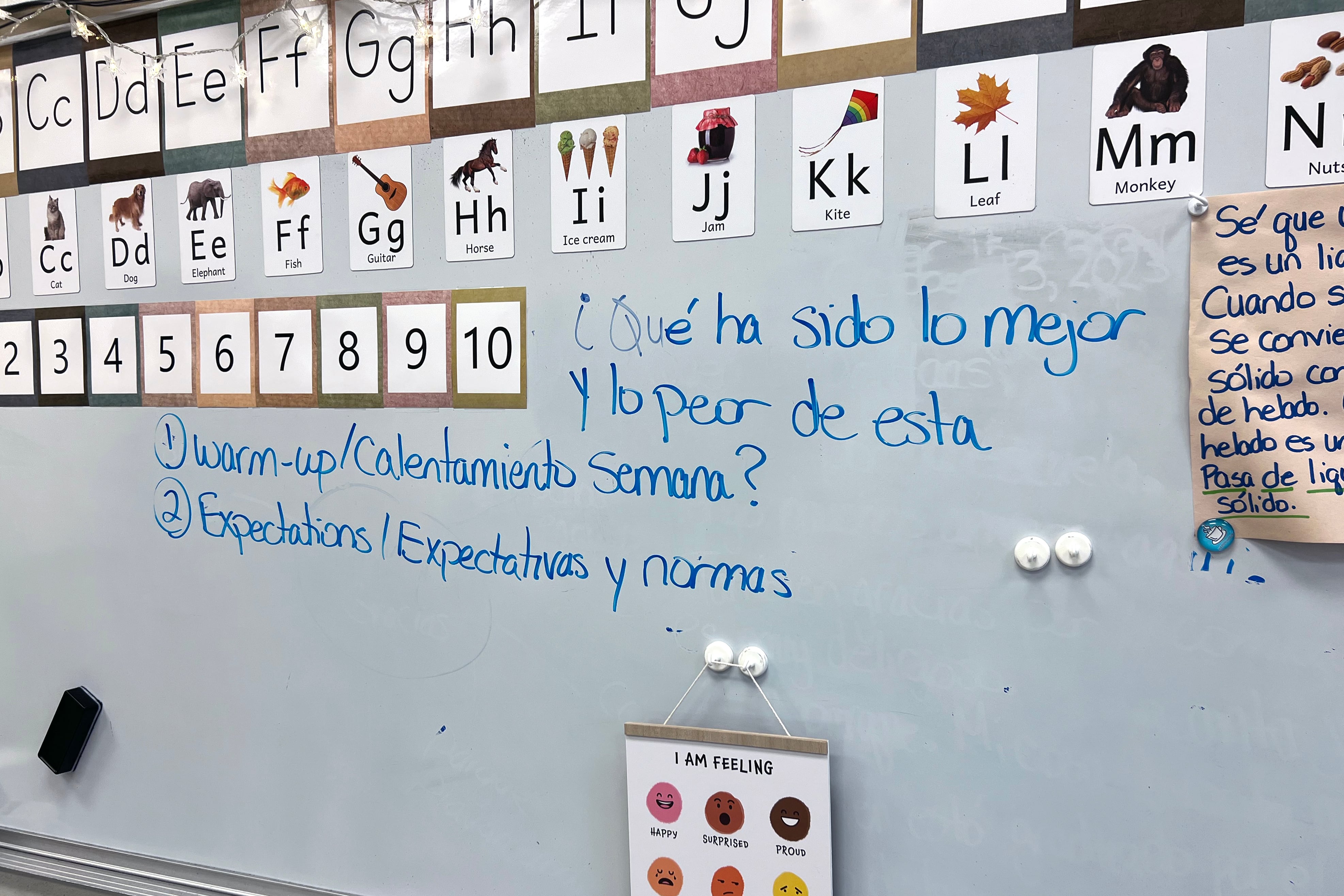 A whiteboard with Spanish and English words, letters and phrases.