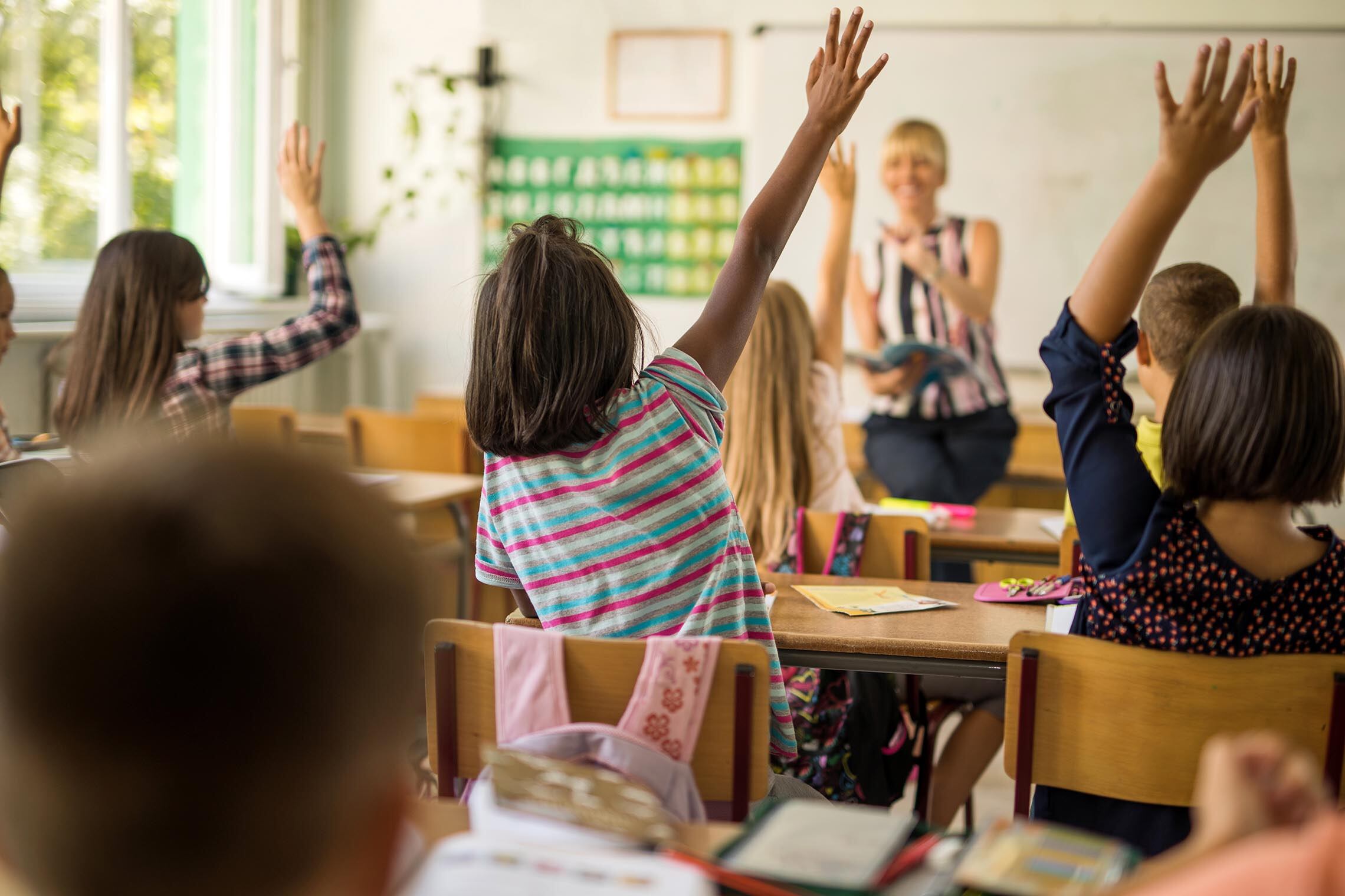 Back view of group of school children raising arms to answer the teacher's question in the classroom.