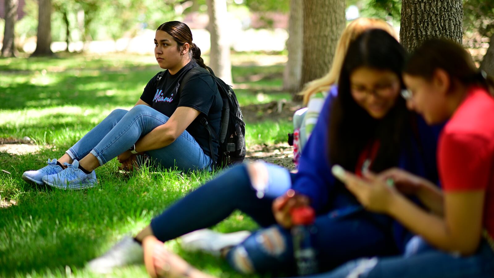 A young woman sits on the grass next to a tree, while other students speak with one another in the foreground.