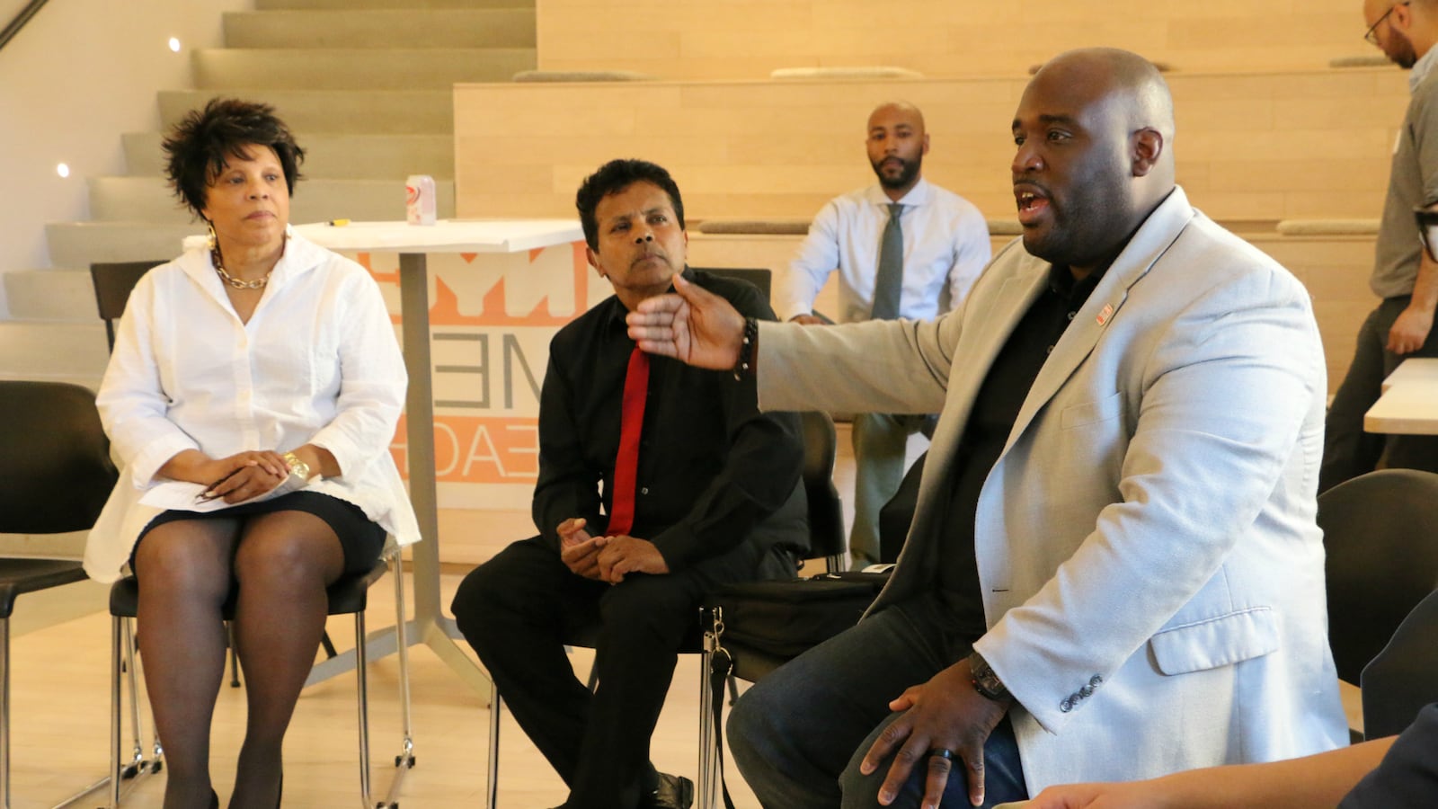 NYC Men Teach staffer Chimere Stephens moderated a discussion between prospective teachers and retired principals in 2016