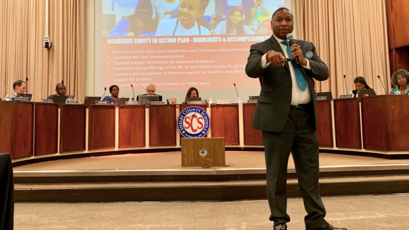 Superintendent Joris Ray presents an update on his initiatives during a May 2019 school board meeting.