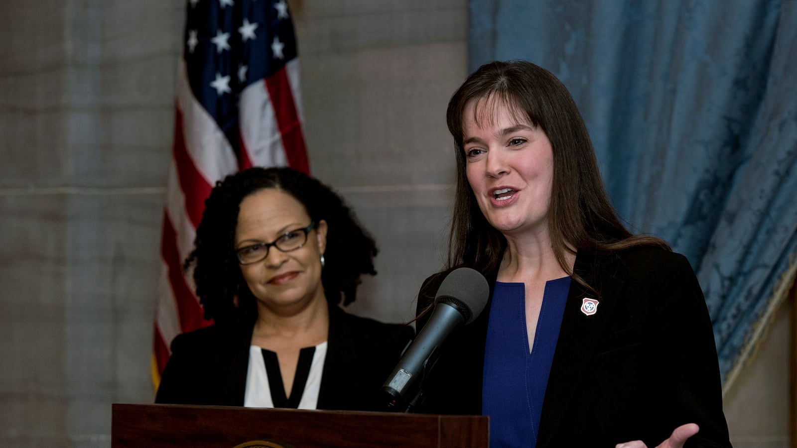 Education Commissioner Candice McQueen (right) introduced Malika Anderson as the new superintendent of Tennessee's Achievement School District in late 2015. McQueen announced Anderson's departure from the job on Wednesday.