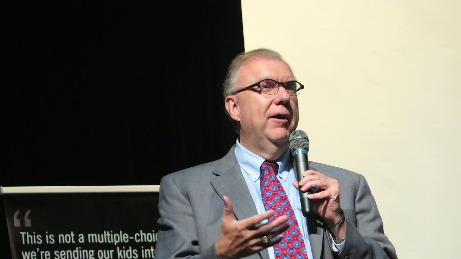 West Lafayette School Corp. Superintendent Rocky Killion promotes his him "Rise Above the Mark," a rallying cry for public schools, at a screening in May at Anderson High School.