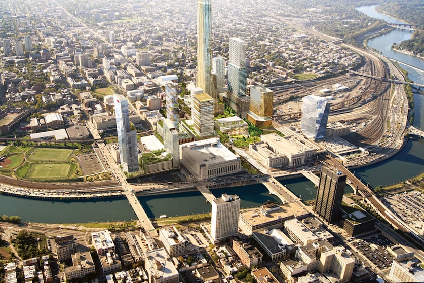 An artist rendering of a skyline with a river running through the bottom portion of the image.