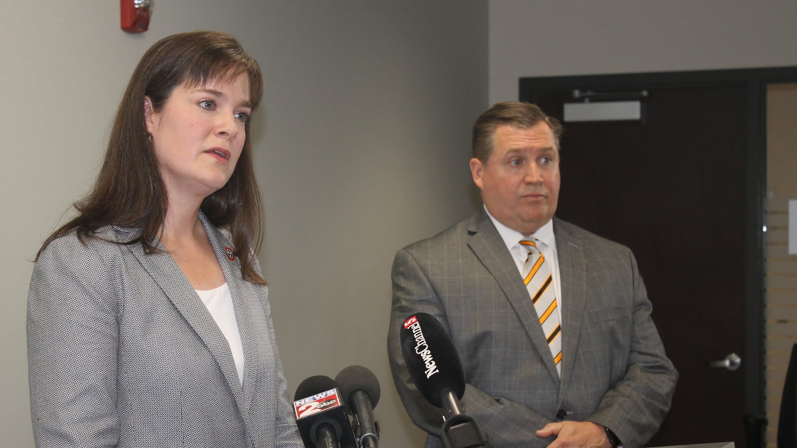 Education Commissioner Candice McQueen talks in June about changes to Tennessee's testing program, as superintendents chief Dale Lynch listens.