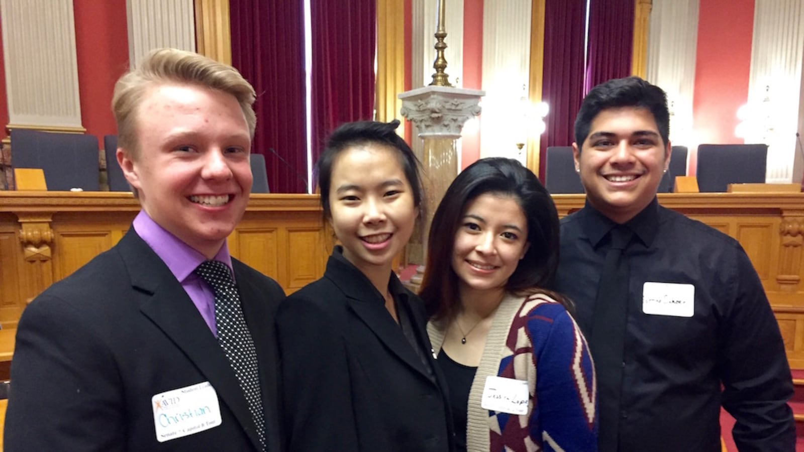 Colorado high school students Christian Sunblade, Myduyen Nguyen, Jessica Lopez and Santino Salazar met at the Colorado Capitol Wednesday to share information about the AVID college prep program with lawmakers.