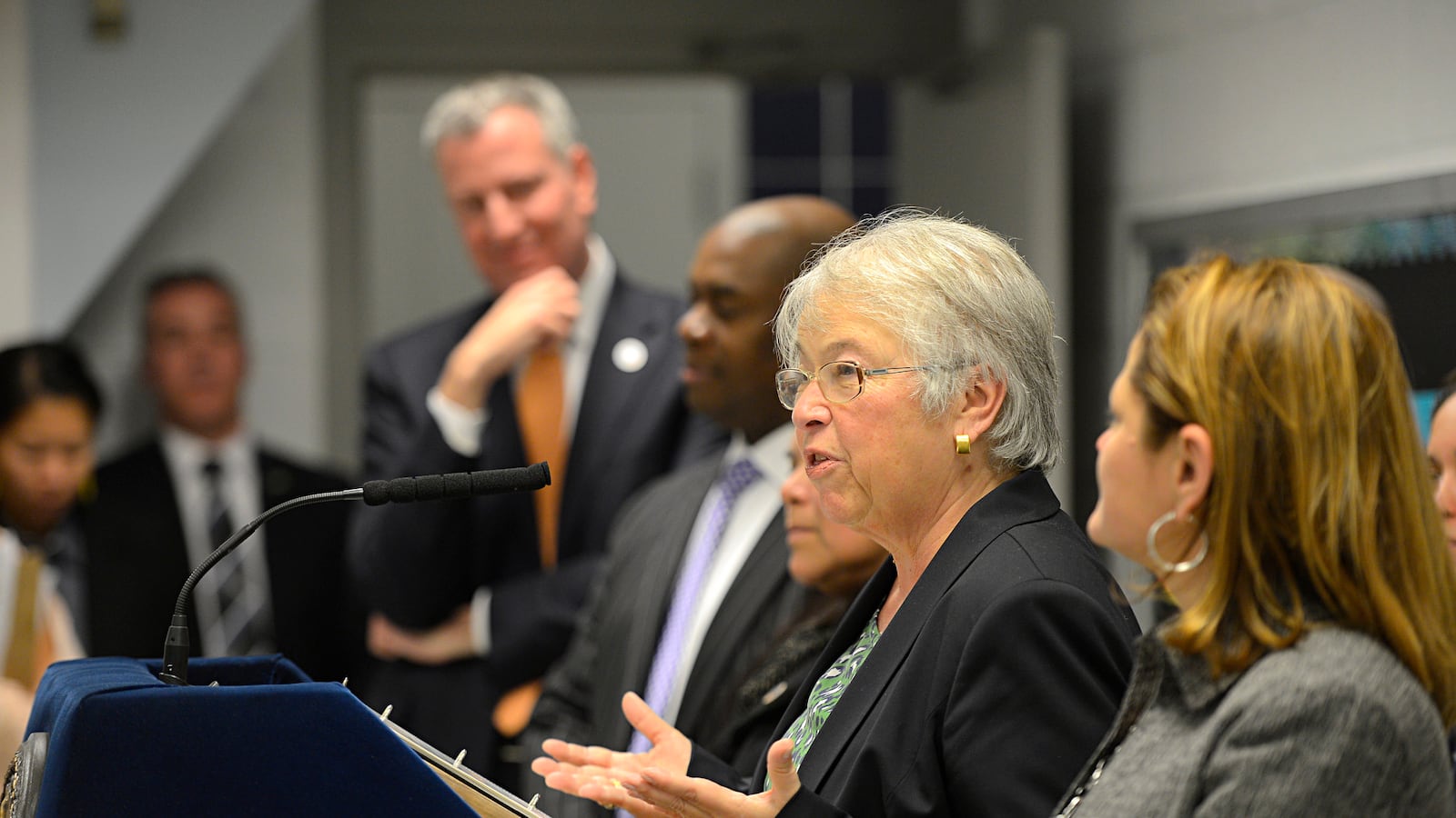 Chancellor Fariña and Mayor de Blasio at Queens' P.S. 239.