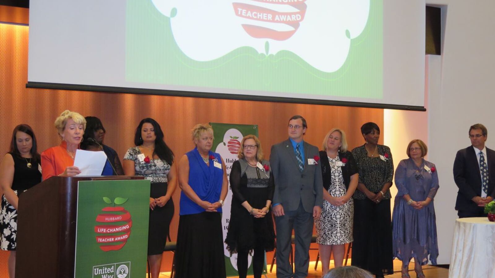 Kathy Hubbard introduces the 10 finalists for the Hubbard Life-Changing Teacher Awards at tonight's ceremony.