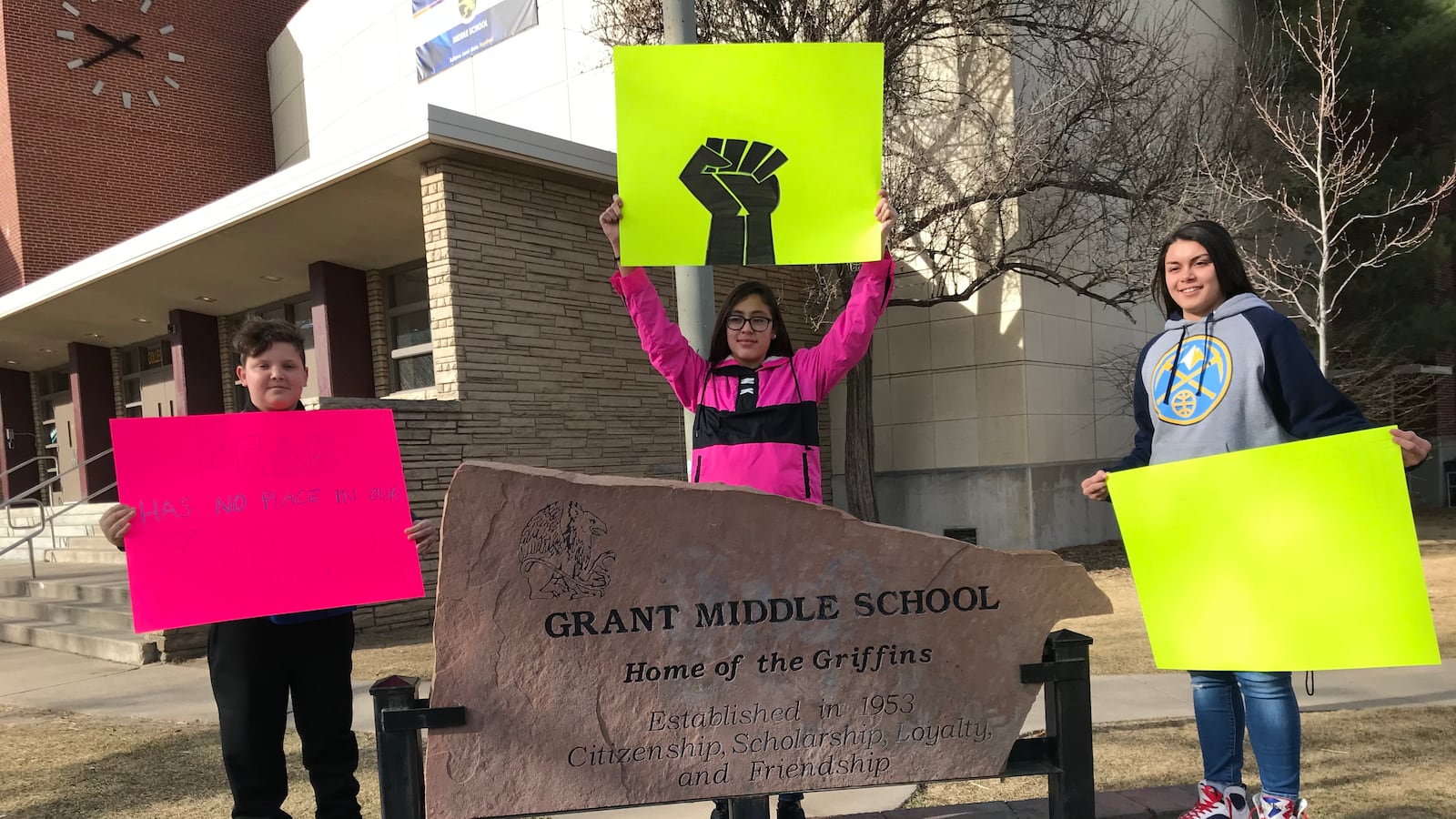 From left, Emanuel Lamboy, Jackie Estrada Hernandez, and Elena Skaro, eighth-graders at Grant Beacon Middle School. (Melanie Asmar)