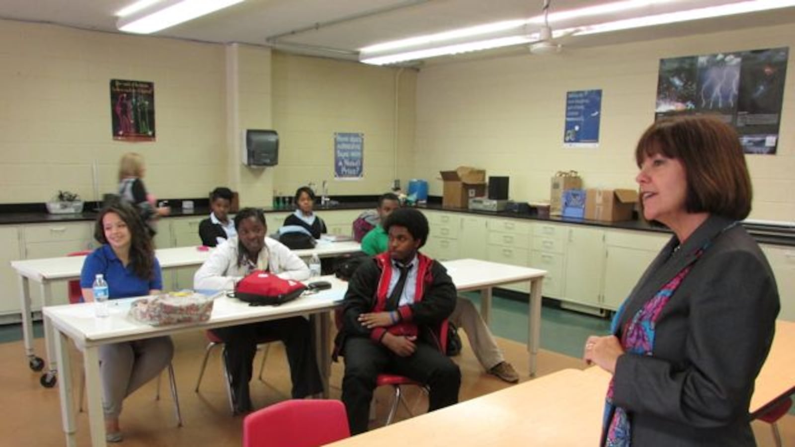 First Lady Karen Pence speaks to students in a physics class at Providence Cristo Rey High School last week. (Scott Elliott)