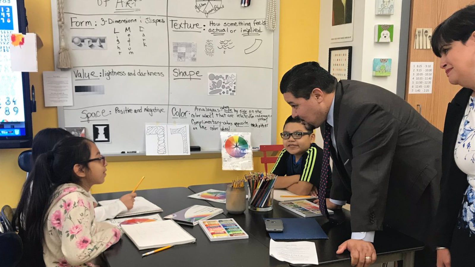 Schools Chancellor Richard Carranza visits an art class at P.S. 11's new school building in Queens.