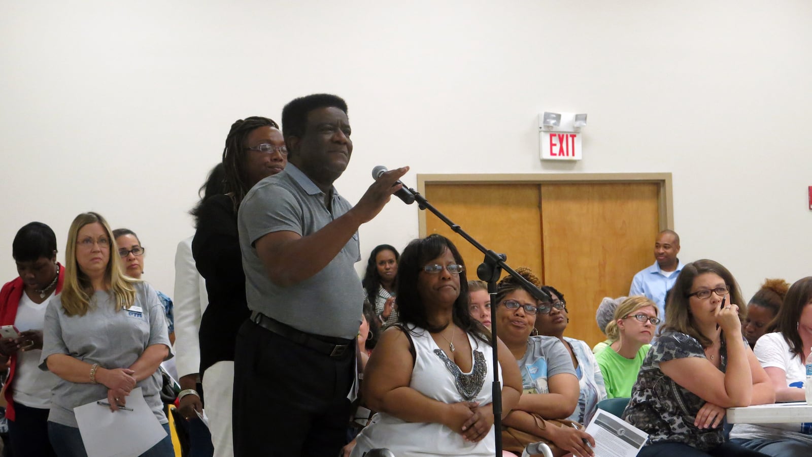 MSCEA president Keith Williams addresses an assistant state commissioner during a June meeting about TCAP scores.