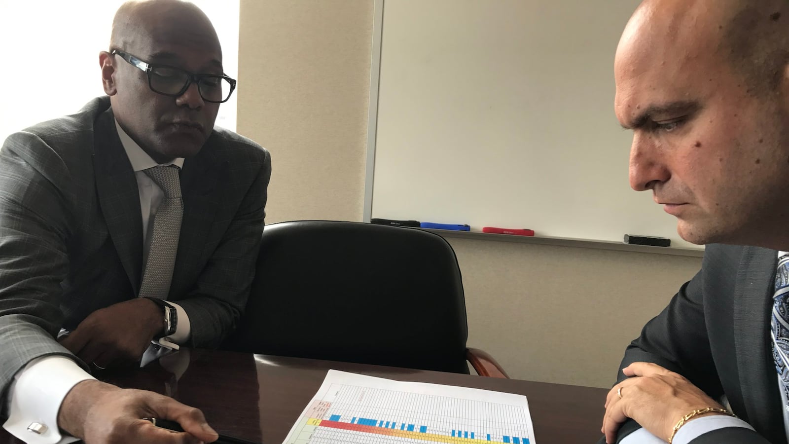 Detroit School Superintendent Nikolai Vitti consults with Luis Solano, the district's new chief operating officer, on a new system to improve school building maintenance. Solano is among people Vitti knew from Florida who he's recruited to come work in Detroit.