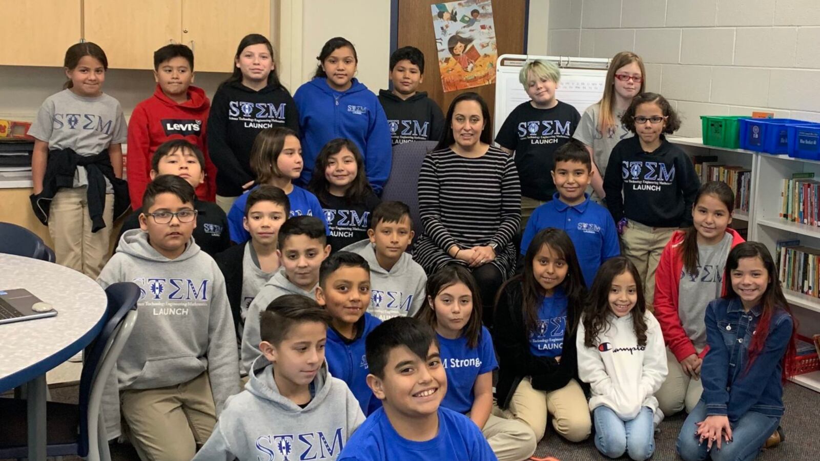 Rachel Calus, a fourth grade teacher at STEM Launch in the Adams 12 school district, with her students.