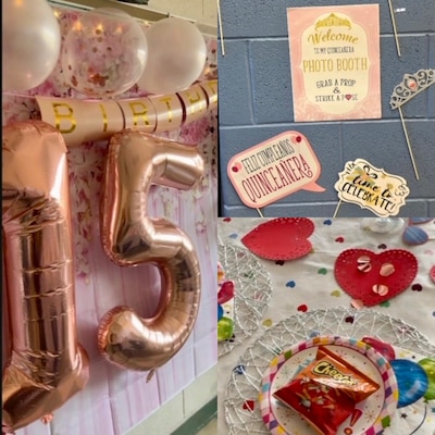 At left, pink balloons for a 15th birthday party hang on a school bulletin board. At right, decorations for a birthday party hang on a blue wall while Cheetos and paper hearts sit on a decorated table.