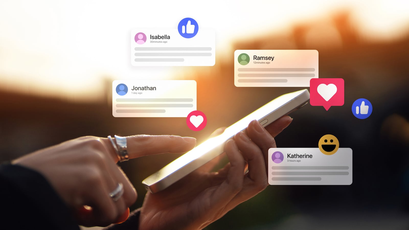 A young woman receives notifications and commenting on social media posts with smartphone.