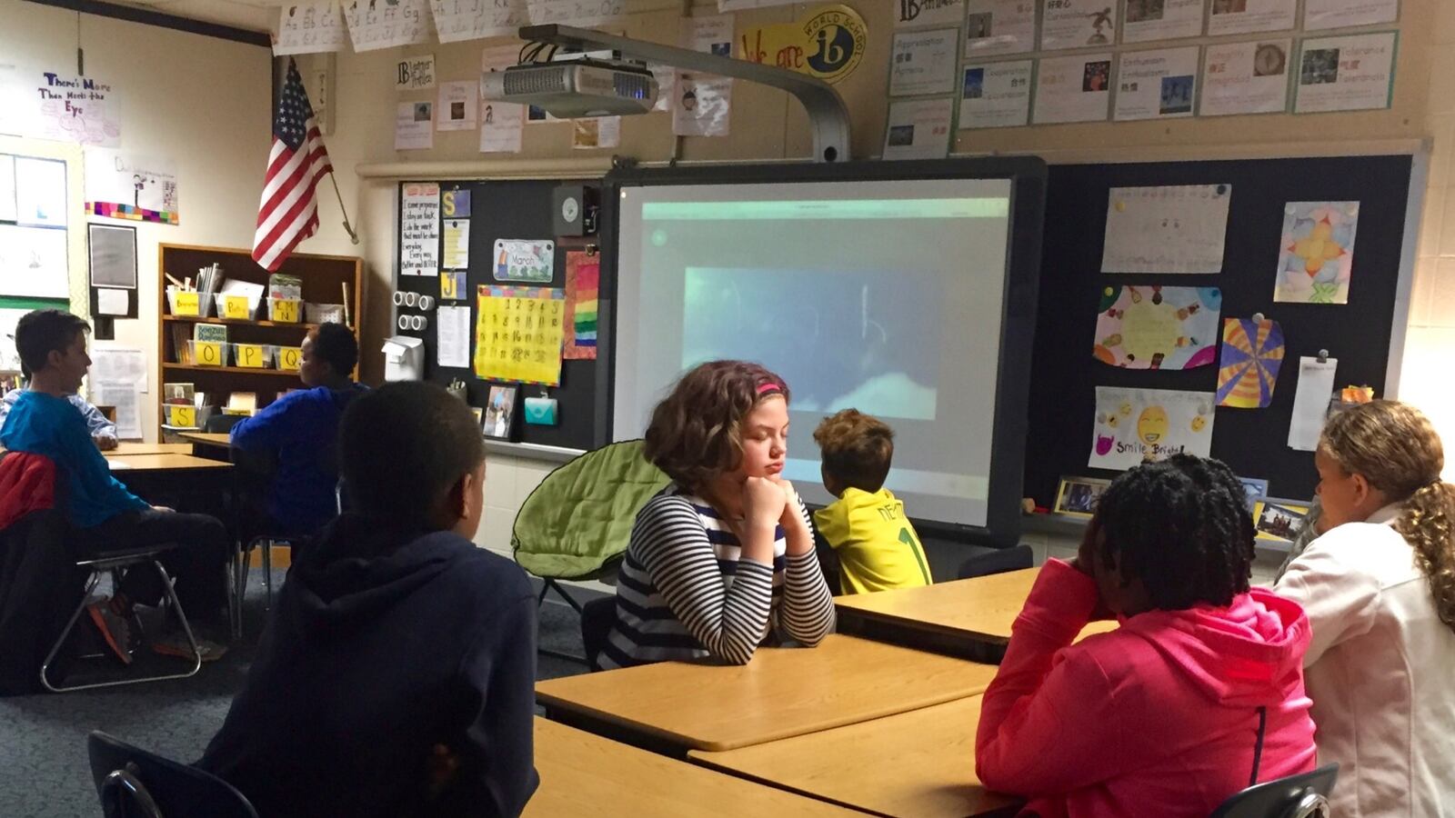 A table of students in Deanna Nibarger's fifth grade class at Crooked Creek Elementary School participates in an attention exercise centered around gratitude.