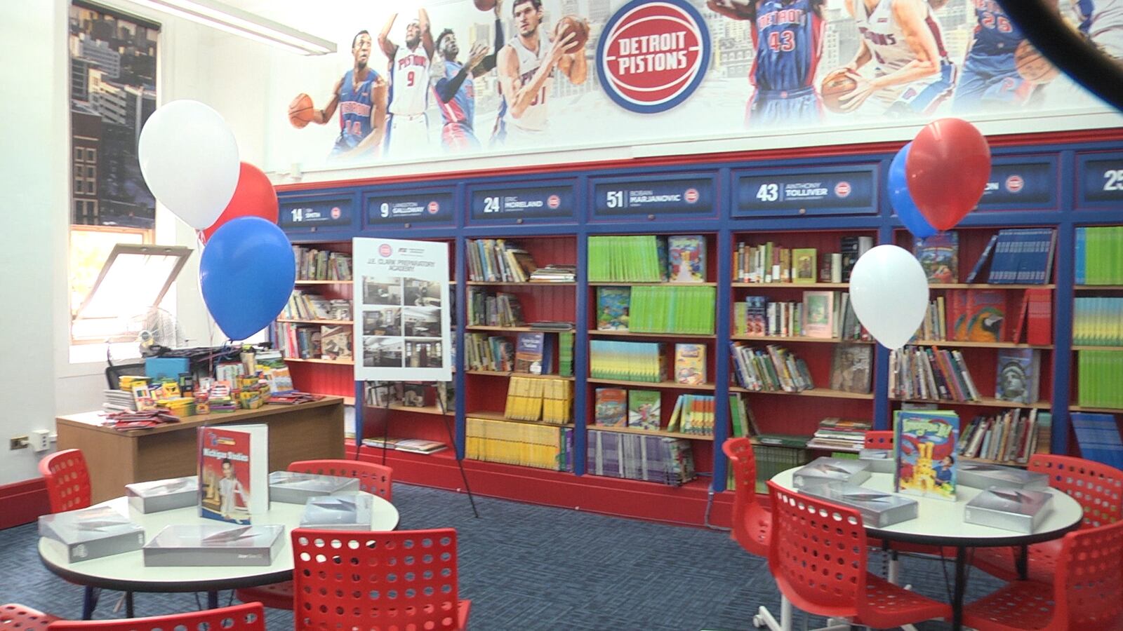 J.E. Clark Preparatory Academy's new basketball-themed library, courtesy of the Detroit Pistons.