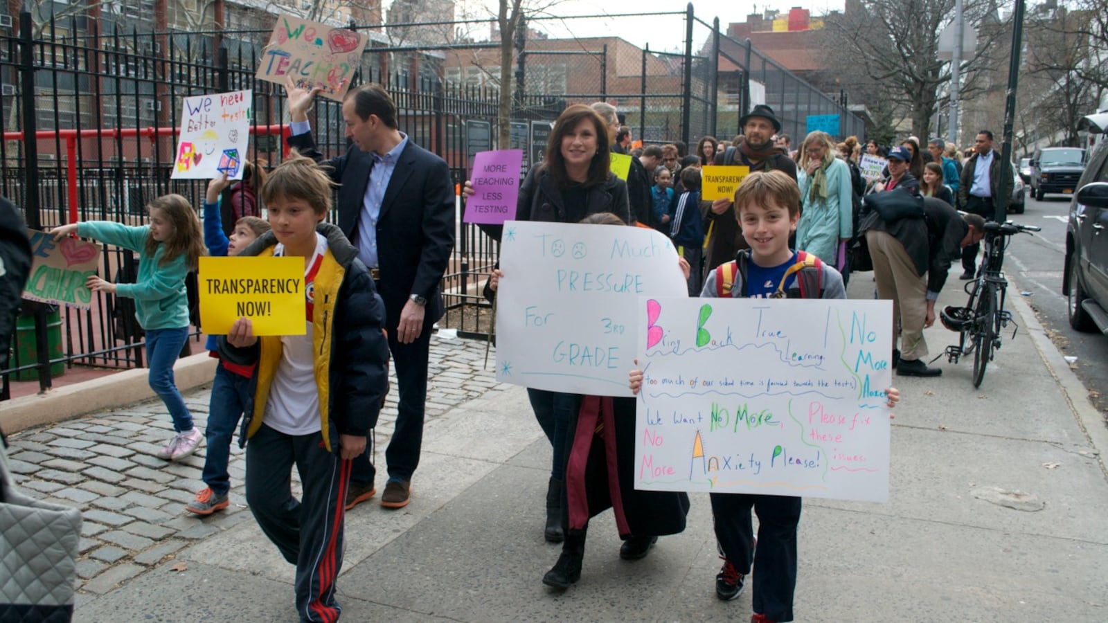 In April, students, parents, and teachers marched outside P.S. 87 shouting "Show us the test."