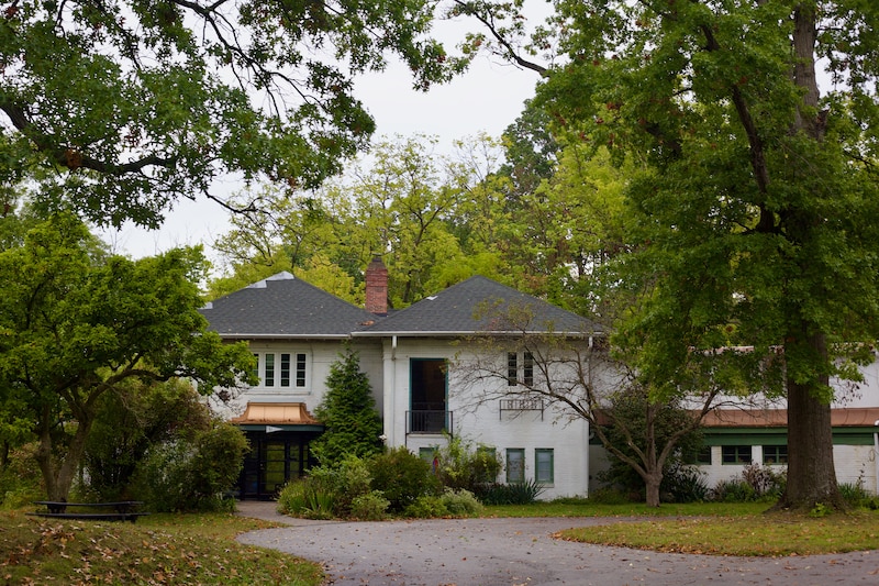 A photograph of a large white house surrounded by large green trees.