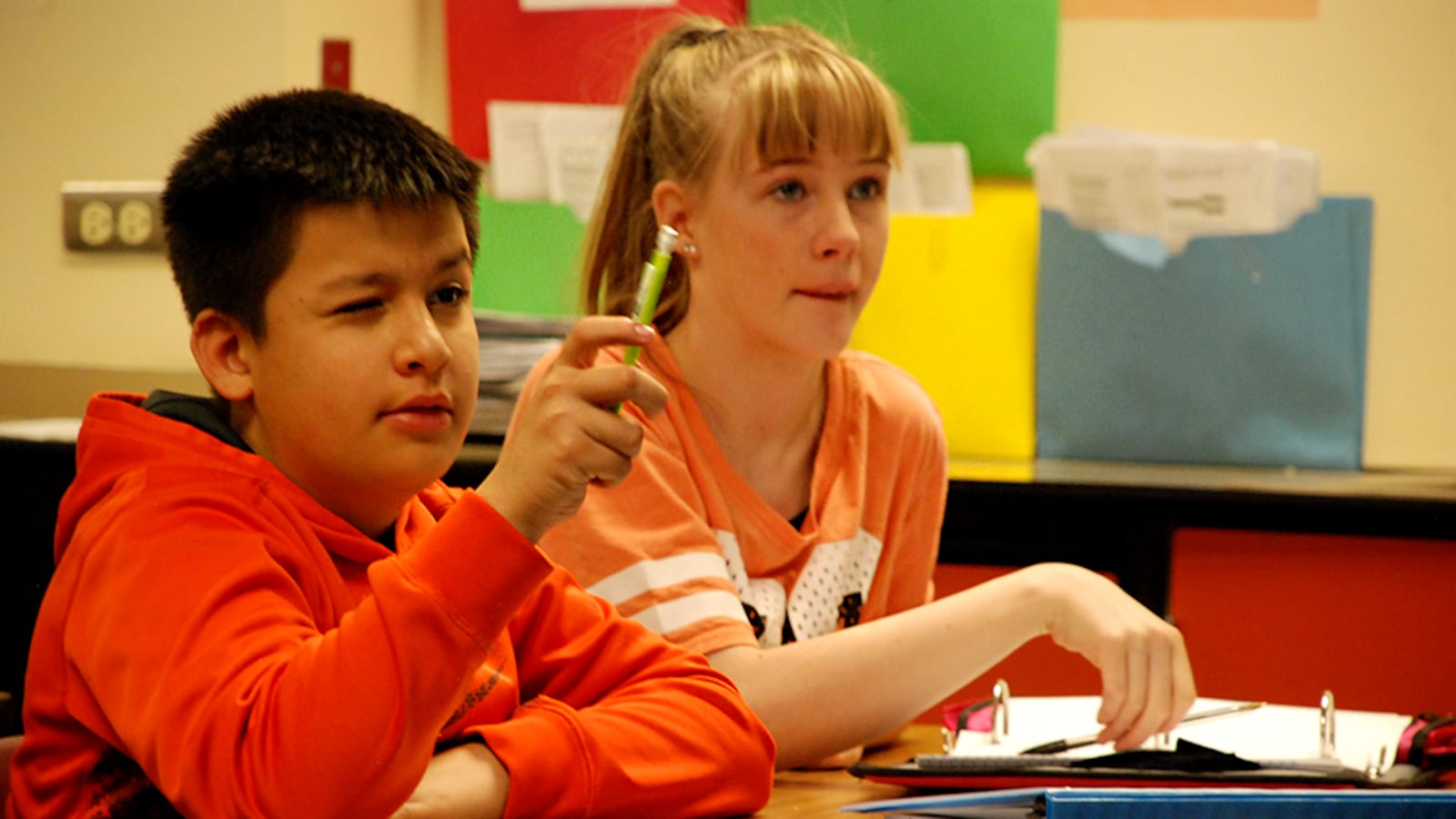 Students at Mrachek Middle School in Aurora work to solve a math problem. (Photo by Nicholas Garcia, Chalkbeat)