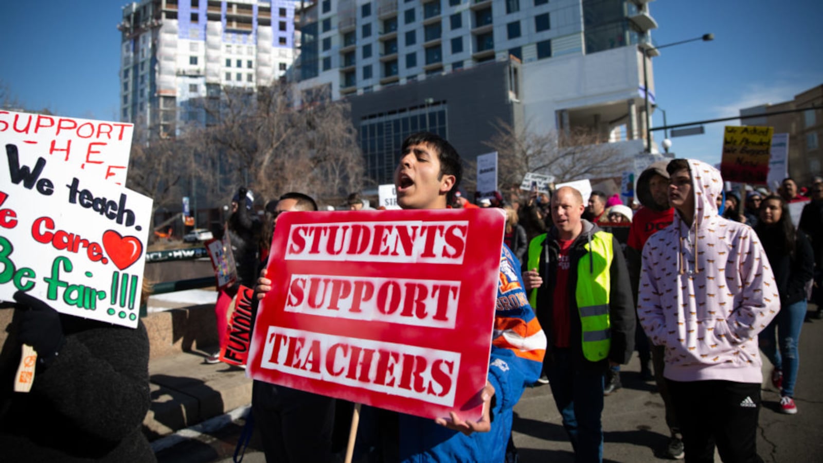 Students join marches on the first day of Denver's teacher strike.