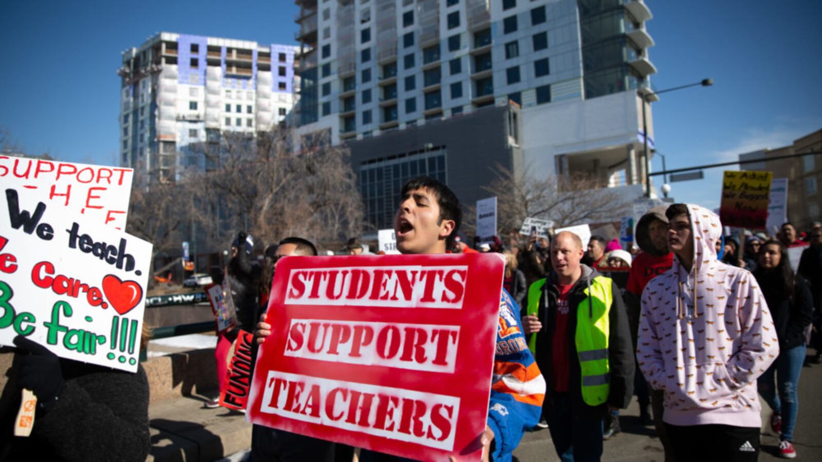 Students join marches on the first day of Denver's teacher strike.