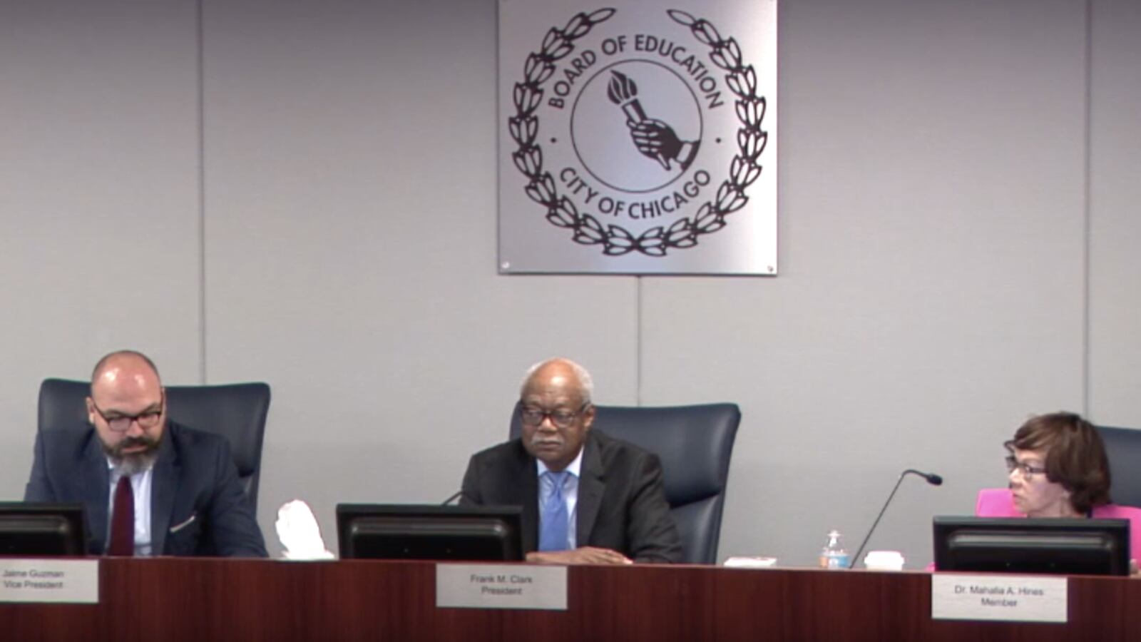 From left to right: School Board Vice President Jaime Guzman, President Frank Clark and board member Mahalia Hines.