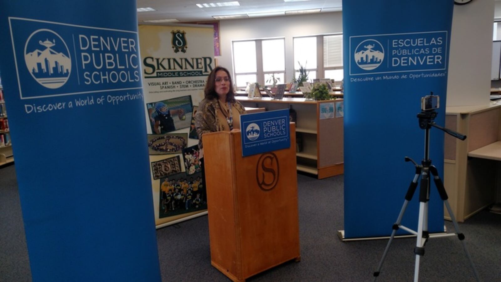Acting Superintendent Susana Cordova talks about school choice at Skinner Middle School.