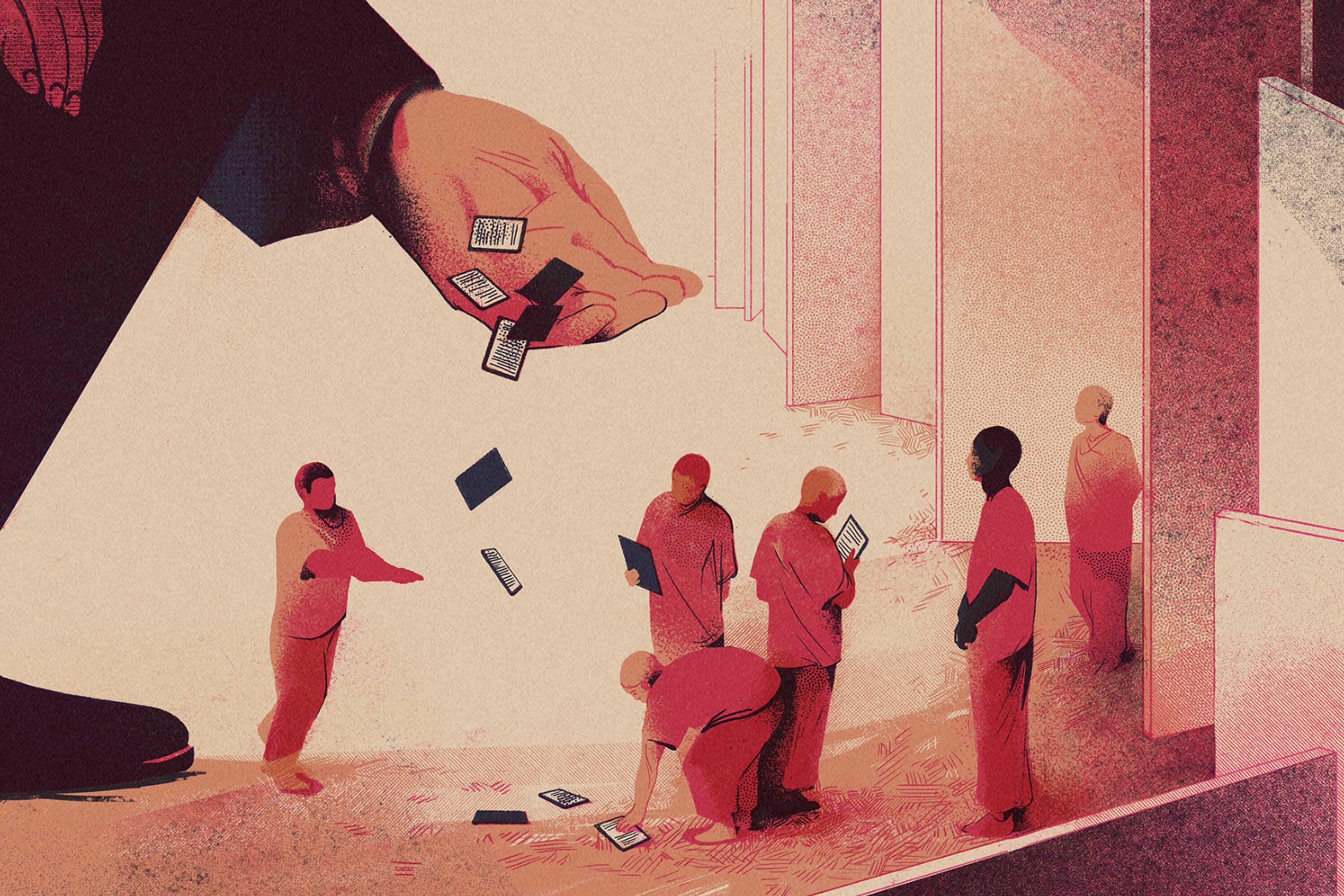 Illustration of a larger than life figure dropping tablets onto the ground as prisoners pick them up.