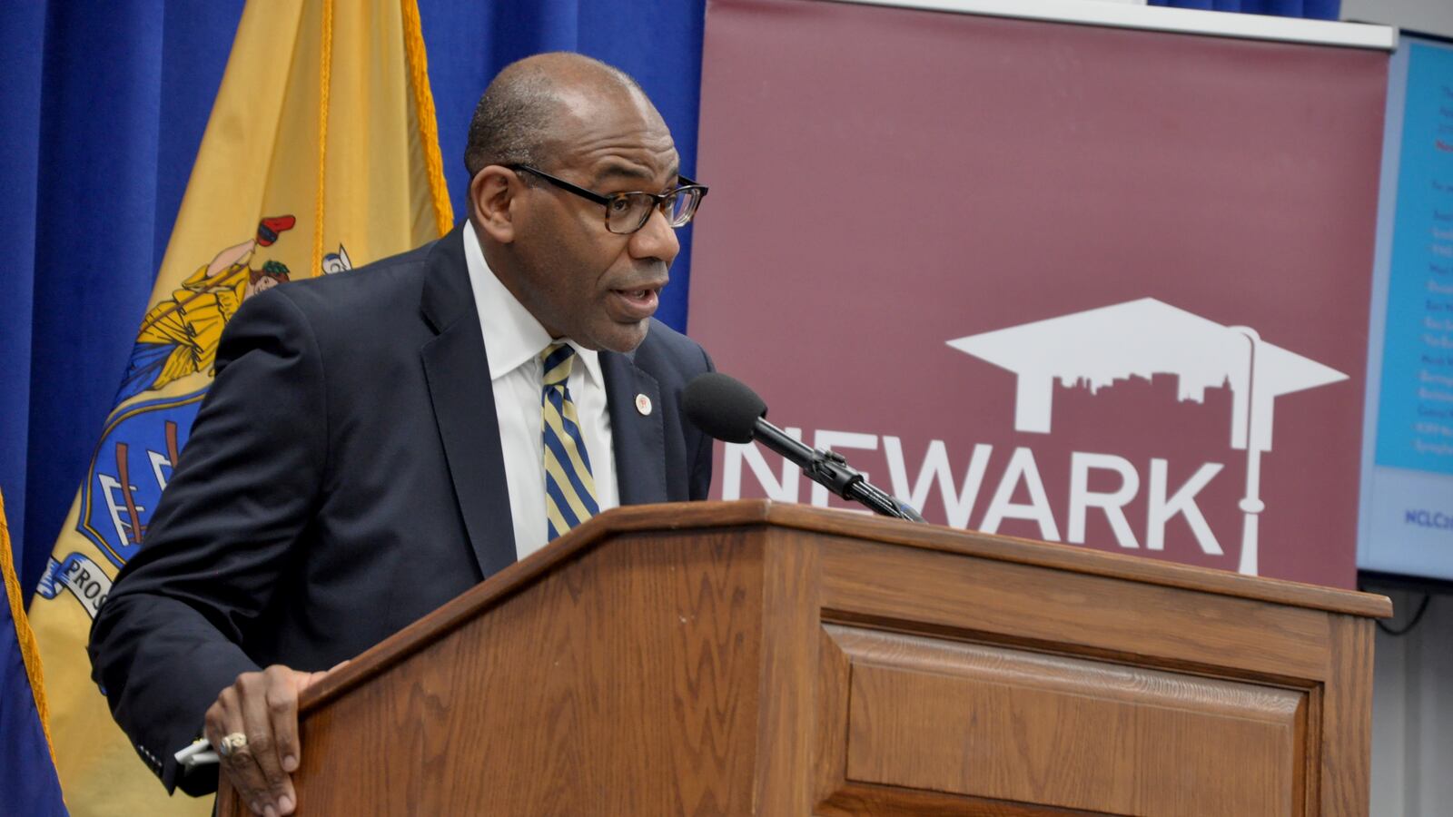 Reginald Lewis, executive director of the Newark City of Learning Collaborative, announces the launch of the campaign on Thursday at City Hall.
