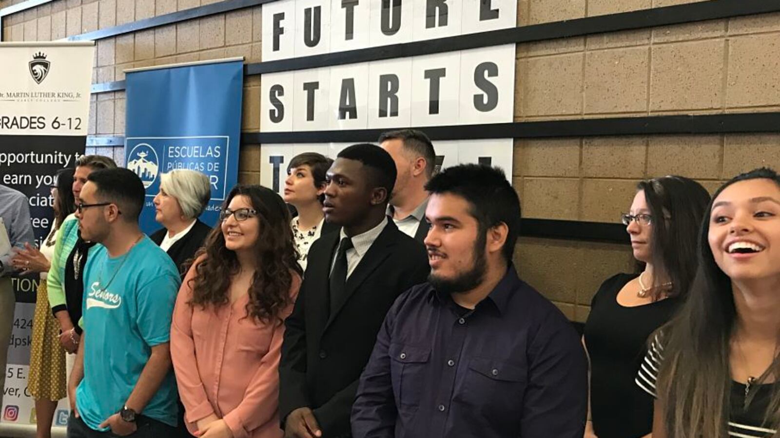 Denver students at a press conference to announce the designation of five more early college high schools.