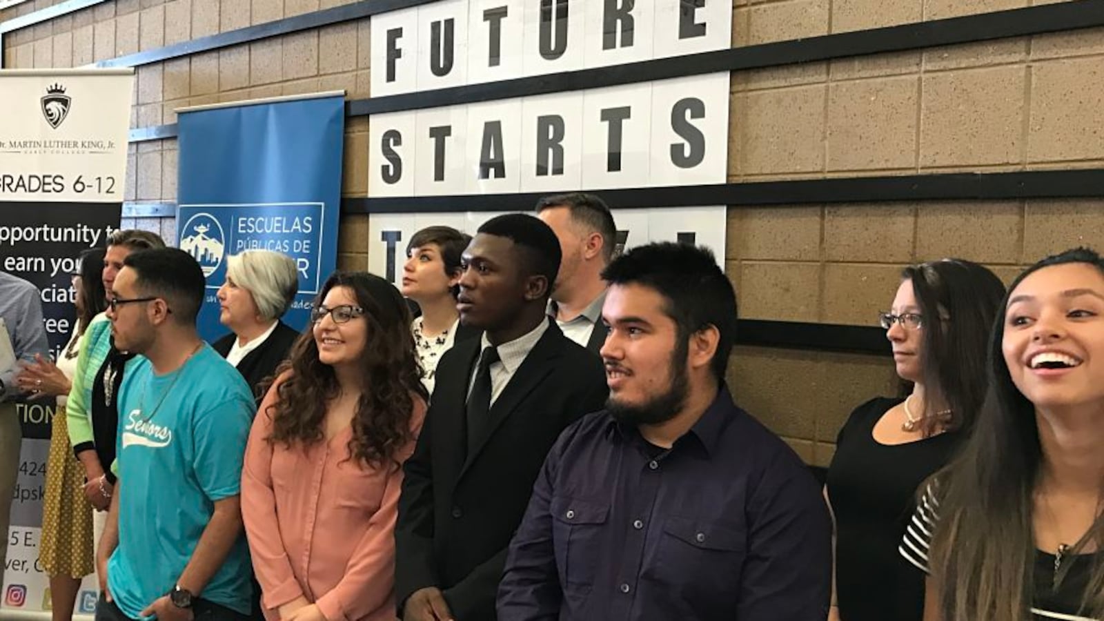 Denver students at a press conference to announce the designation of five more early college high schools.