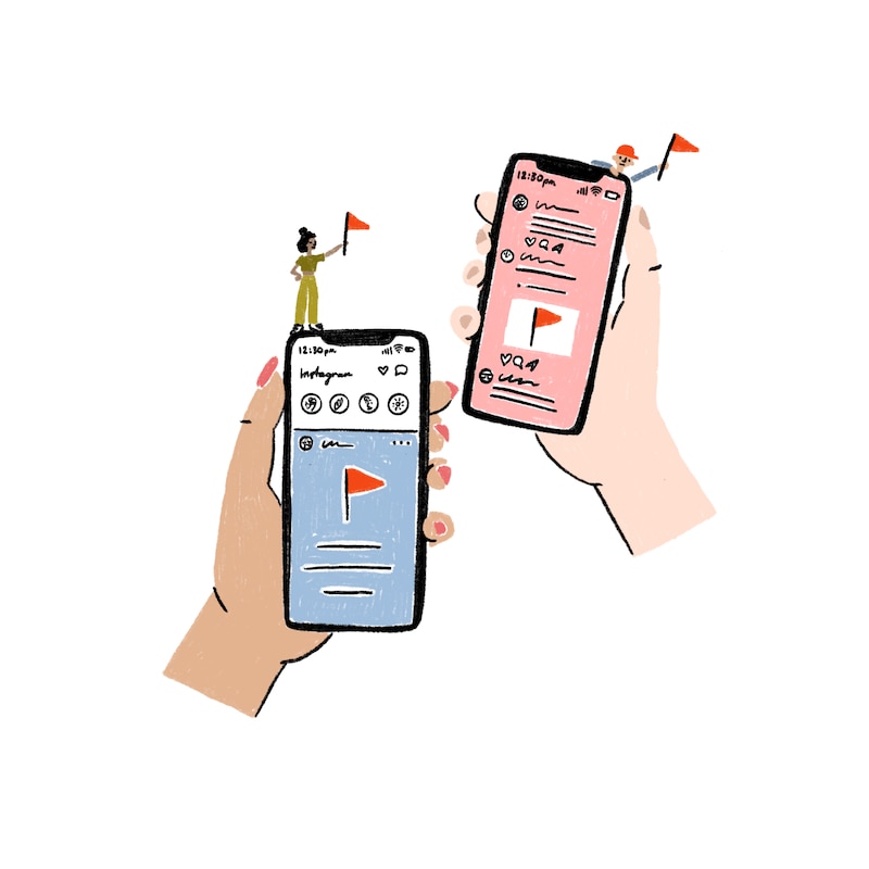 An illustration of two smartphones with social media images pulled up on their screens featuring "red flags."