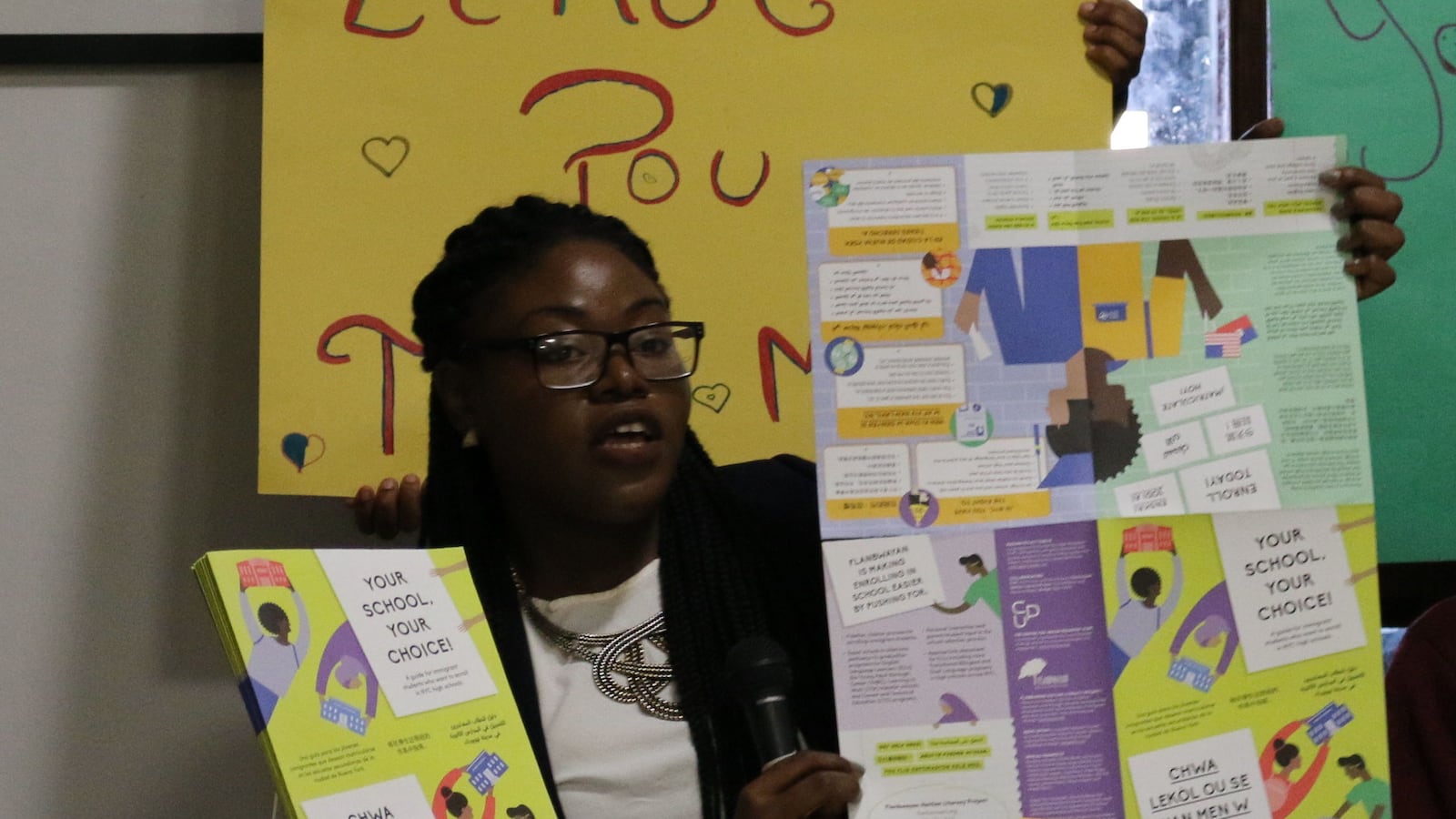Nancie Adolphe, a case manager at Flanbwayan, a group that helps young Haitian immigrants hosts a press conference on English Language Learner graduation rates.