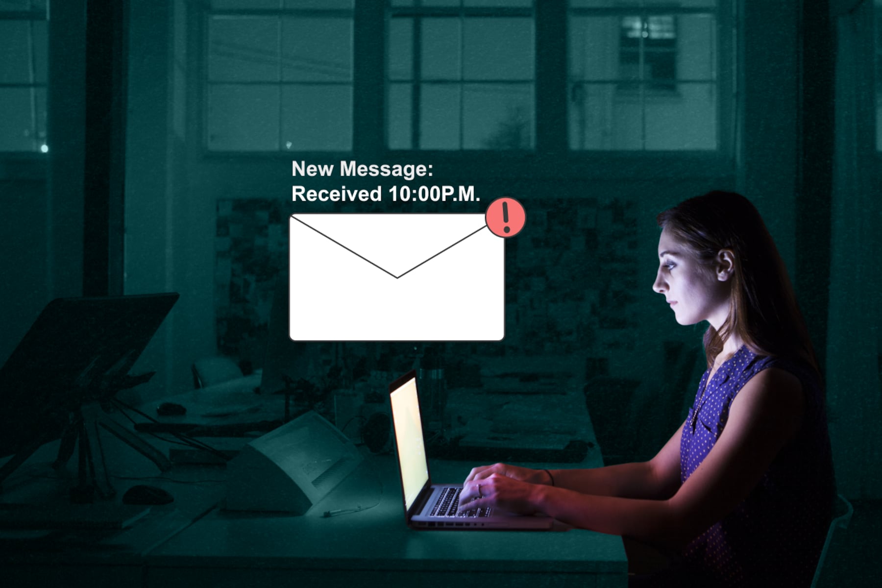 A teacher sitting at a desk checking email late at night. An illustration of an email floating above her computer screen, with a notification reading: “New Message: Received at 10:00 P.M.”