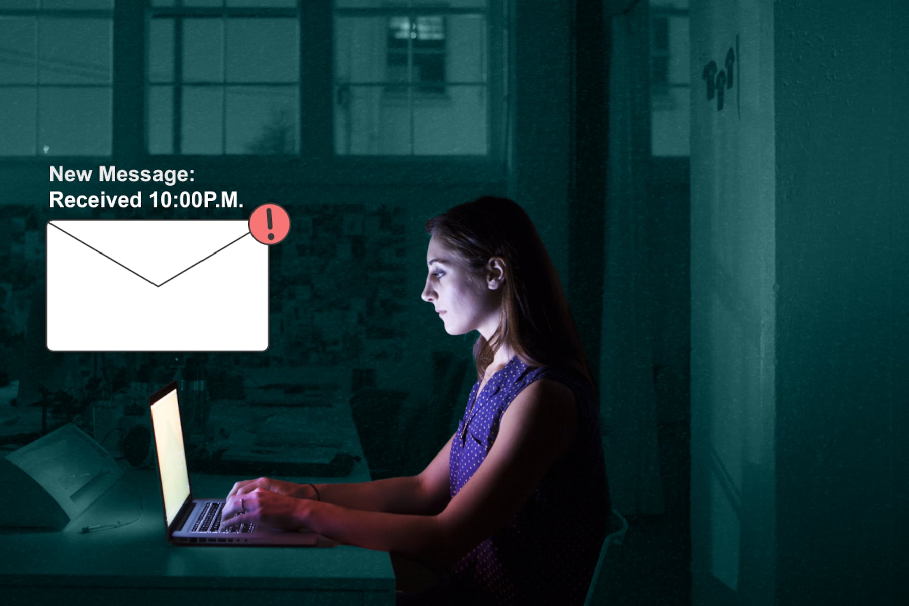 A teacher sitting at a desk checking email late at night. An illustration of an email floating above her computer screen, with a notification reading: “New Message: Received at 10:00 P.M.”