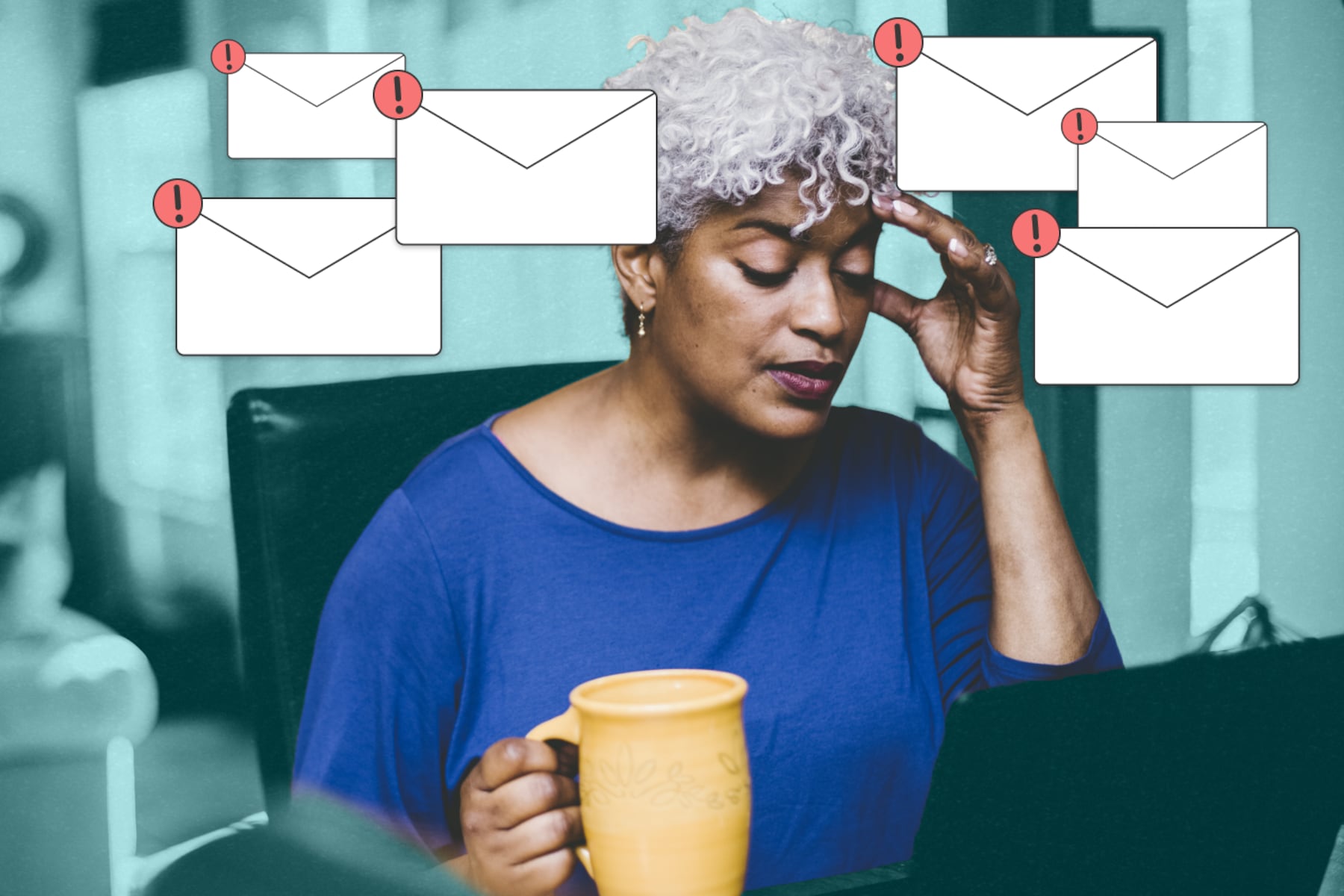 Woman with grey hair holding her hand to her head in frustration. Emails with notifications floating around her head.